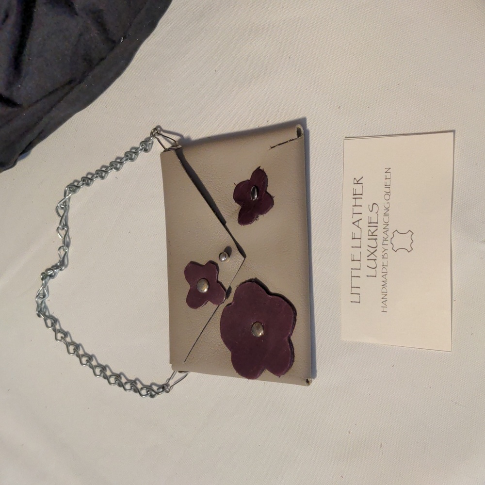 Handmade Genuine Leather Envelope Pouch Flower Rosette Accents Tan/Plum